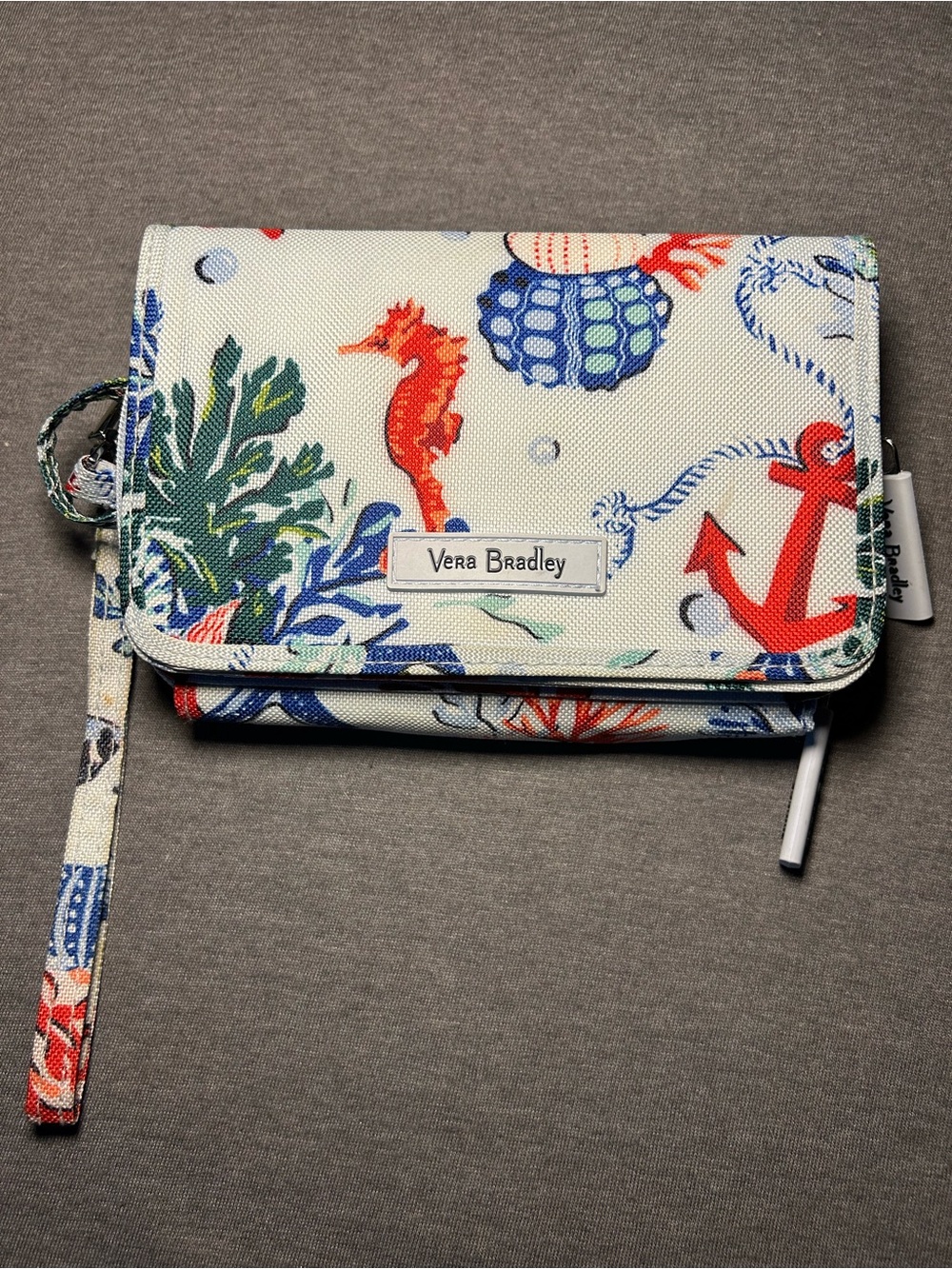 Vera Bradley Coastal Print Wristlet in White with Red & Blue Accents
